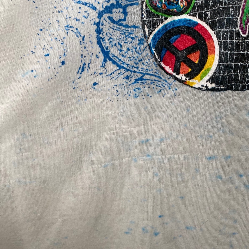 Peace Frogs Y2K Graphic Tee Womens XL White Blue Acid Wash Burnout V Neck Guitar - Picture 8 of 10